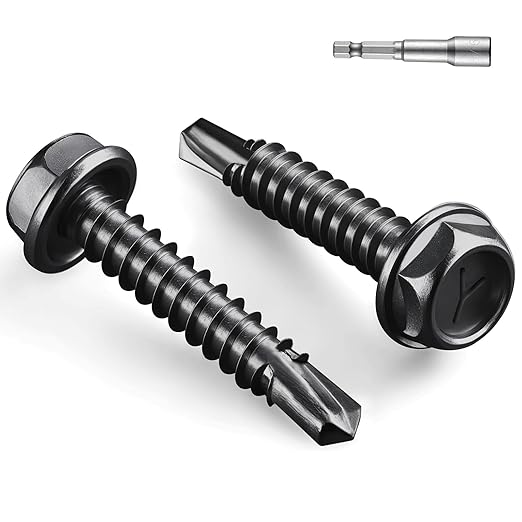 #10 x 1 Inch Self Drilling Screws, (50pcs) 0.5 lbs Black Self Tapping Screws for Metal, 410 Stainless Steel Hex Washer Head Sheet Metal Screw