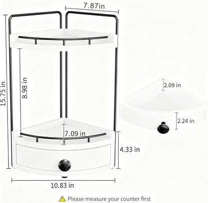 2-Tier Corner Bathroom Countertop Organizer with Drawer, Wooden Vanity Organizers for Makeup and Skincare Storage, Corner Counter Shelf with Embedded Screw Holes, White