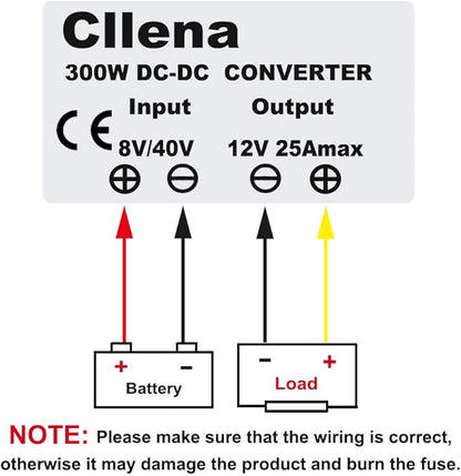Cllena DC 8V-40V to 12V 25A Automatic Buck Boost Converter Step Down/Up Regulator Voltage Reducer Converter Waterproof Regulated DC Power Supply for Golf Cart Club Car LED Light