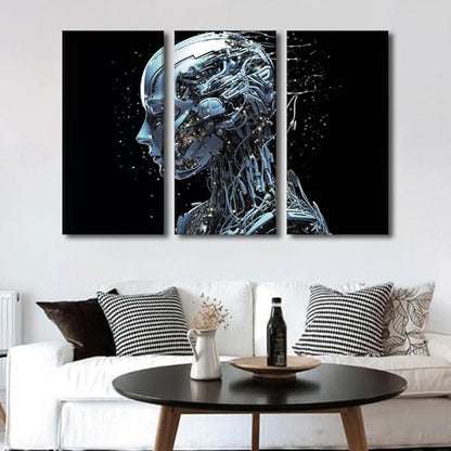 TUMOVO Wall Art for Living Room Female Robot Face Pictures Print on Canvas, Artificial Intelligence Wall Decor 3 Piece Modern Canvas Wall Decoration Giclee Artwork Giclee Ready to Hang, 60" Wx40 H