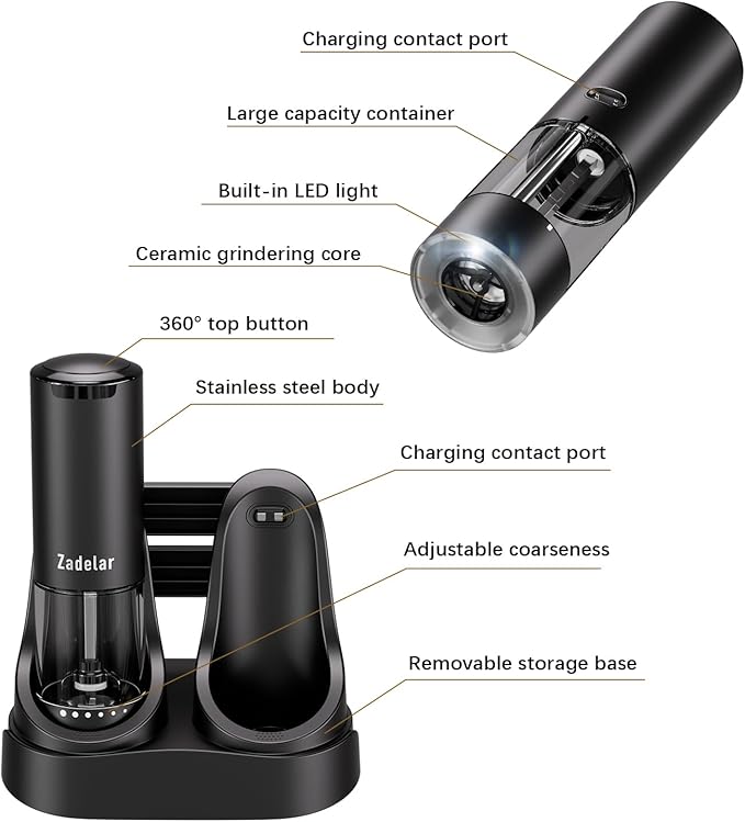 Electric Rechargeable Salt and Pepper Grinder Set,Automatic Pepper Mill Grinder with USB C Charging Dock,Upgraded 95ml Large Capacity,Adjustable Coarseness,LED Light,High-end Black