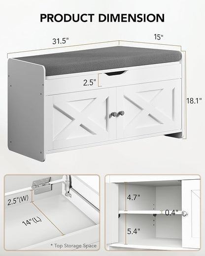 Amada Shoe Storage Bench with Cushioned Seat, 31.5" Small Entryway Bench with Lift Top Storage, Adjustable Shelves, 300 lb Capacity Shoe Bench for Entryway, Bedroom, Living Room, Classic White