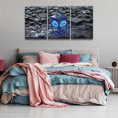 LSIUHWUWI Wall Art for Living Room 3 Panel Cloud Computing and Vetwork Security Concept Pictures Posters Contemporary Wall Decor for Home Office Hotel Wall Wooden Framed Ready to Hang 16x24inchx3