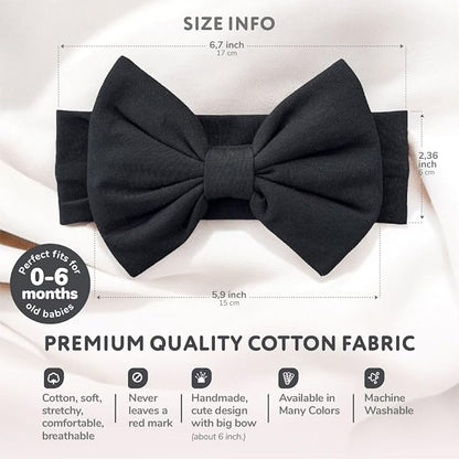 Newborn Baby Girl Headband 0–6 Months – Soft Cotton Big Bow Headband for Infants, Stretchy Baby Hair Band, 4.3" (11 cm) Bow, 2.4" (6 cm) Band (Black, 0-6 Month)