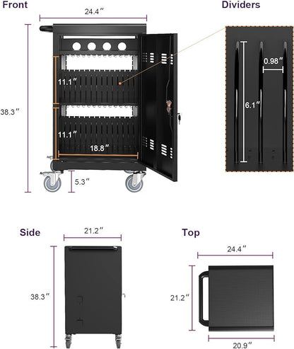 OFLILAK 36-Device Mobile Charging Cart with Charging Power Strip and Front and Rear Access Locks, Cable Management, Up to 17"", Safe Charging Cabinet for Ipads, Chromebooks, Tablets, Laptops Black