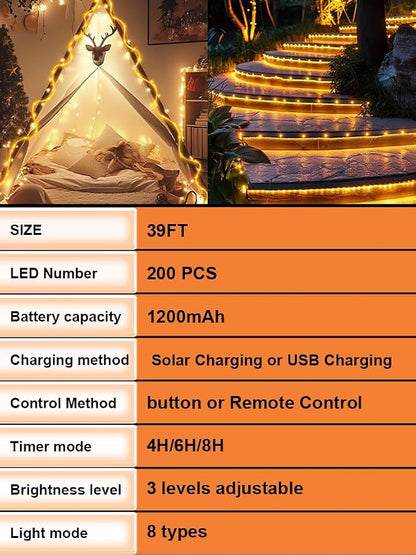 Thicker Tube Solar Rope Lights with Remote for Garden Decoration ,39FT 200LEDs Outdoor Solar Strip Lights for Palm Tree,IP67 Waterproof,USB Charging & 8 Modes Fairy Light for Christmas(Warm White)
