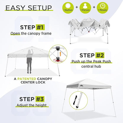 EAGLE PEAK 11x11 Slant Leg Pop-up Canopy Tent Easy One Person Setup Instant Outdoor Beach Canopy Folding Portable Sports Shelter 11' x 11' Base 9' x 9' Top (White)