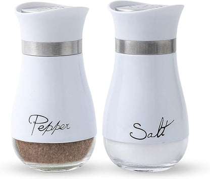 Lonffery Salt and Pepper Shakers Set - Salt Containers for Gifts, Kitchen Decor, Home, RV, Camp, BBQ, 4 oz Farmhouse Spice Dispenser with Glass Bottom, White, Set of 2