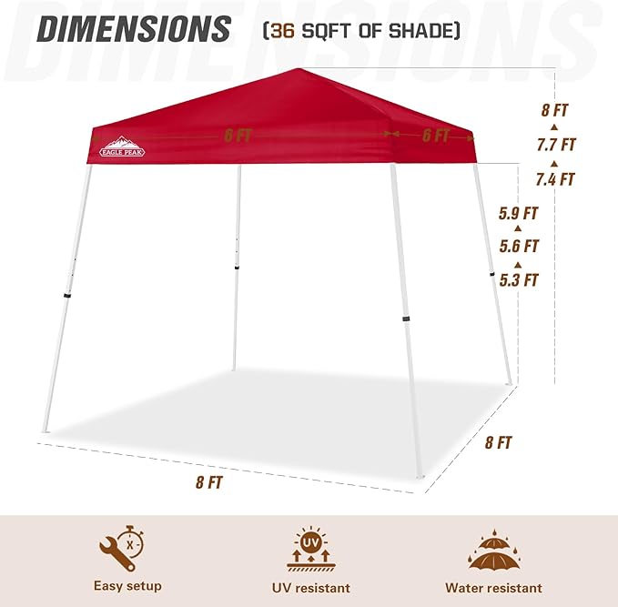 EAGLE PEAK 8x8 Slant Leg Pop-up Canopy Tent Easy One Person Setup Instant Outdoor Beach Canopy Folding Portable Sports Shelter 8x8 Base 6x6 Top (Red)