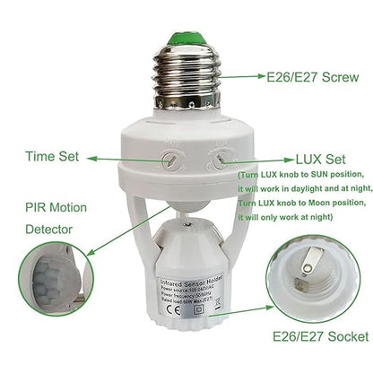 Motion Activated Light Socket,E26 Motion Security Light Bulb Socket Indoor for Front Door Porch Garage Basement Hallway Closet (2 Pack)