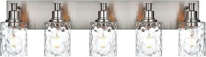 BONLICHT 5 Lights Sconces Wall Lighting Brushed Nickel with Hammered Glass Shade, Industrial Bathroom Light Fixtures Vanity Lights Porch Light Fixtures Classic Metal Wall Mount Lamp Over Mirror