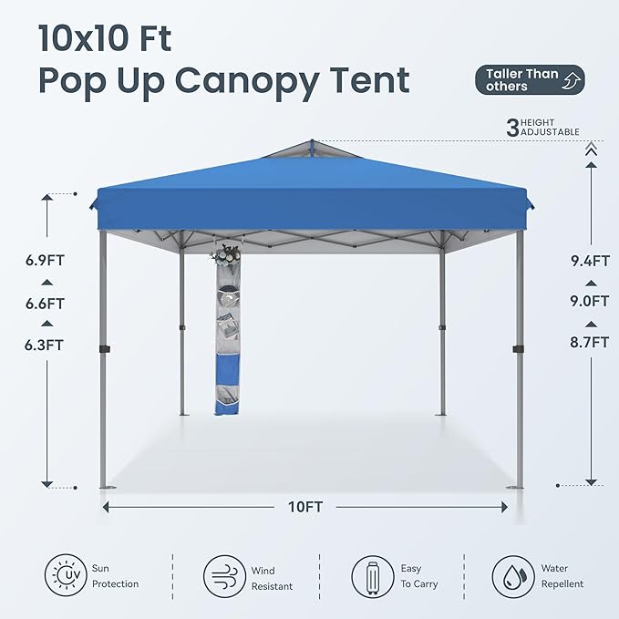 PHI VILLA 10’ x10’ Pop Up Canopy Tent - One Push Setup, Instant Shade Tent with Vented Roof for Beach & Events - Includes Storage Bag, Sandbags, Stakes & Ropes (Blue)