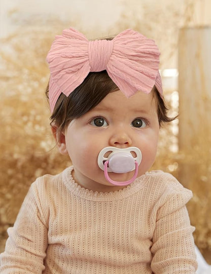 6 Pack Nylon Headbands with Stretchy Infant Bows, Pink Head Wraps for Newborns and Toddlers (03H-10)