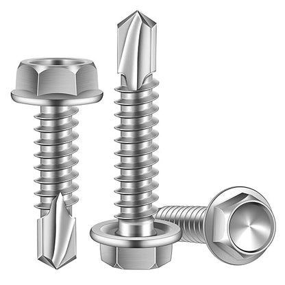 MewuDecor #12 x 1-1/4" (1/2" to 3" Available) Hex Washer Head Self Drilling Sheet Metal Screws with Drill Point, Stainless Steel 410, 50 PCS