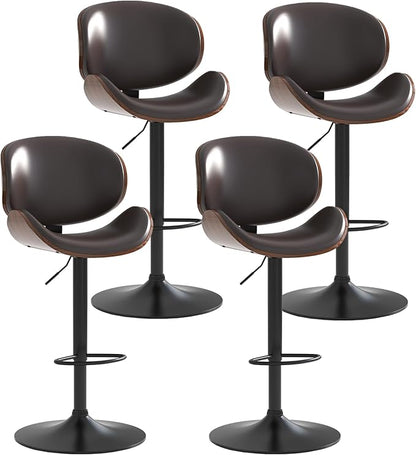 Adjustable Swivel Bar Stools Set of 4, Modern Bentwood Barstool with Large Metal Base and Footrest, PU Leather Upholstered Bar Chair with Curved Back for Kitchen Island Dining Room, Brown