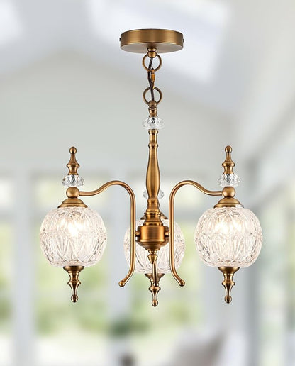 Vintage Pendant Light Fixtures, 3-Light Chandeliers for Kitchen Antique Gold Glass Pendant Lighting Matte Brushed Brass Finish with Crystal Glass Shade for Farmhouse Hotel Kitchen Island