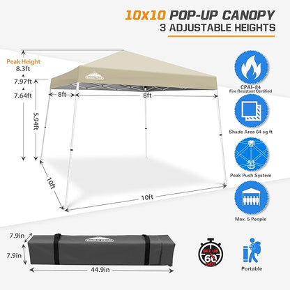 EAGLE PEAK 10x10 Slant Leg Pop-up Canopy Tent Easy One Person Setup Instant Outdoor Beach Canopy Folding Portable Sports Shelter 10x10 Base 8x8 Top (Light Beige)
