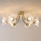 Gold Brass Flush Mount Ceiling Lights Fixture 6-Light Mid Century Modern Ceiling Light with Clear Glass Flower Shape Shade Sputnik Ceiling Lighting for Bedroom Living Dining Room