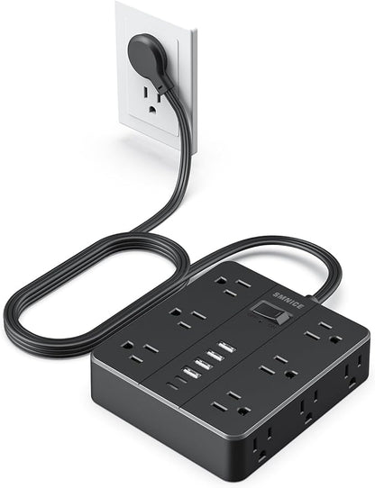 Power Strip Flat Plug with 12 Outlets 6 USB(2 USB C),SMNICE Surge Protector Charging Station with Overload Protection,5ft Extension Cord Widely Spaced Multiple Outlets for Home Office Dorm,Black