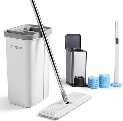 JOYMOOP White Flat Mop & Bucket with 1 Microfiber Pad, 12 Disposable Toilet Brushes, Stainless Steel Toilet Brush and Holder Set, Multi-Functional Cleaner for Floors, Windows, and Toilets