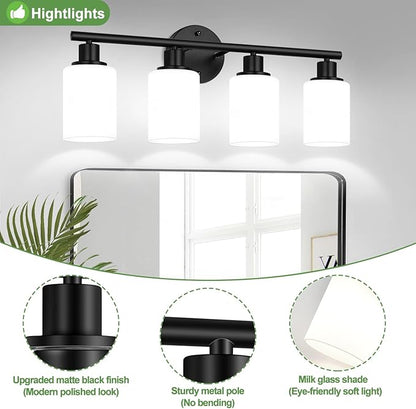 4-Light Bathroom Light Fixtures, Black Modern Vanity Lights with Milky White Frosted Glass Shades, Bathroom Wall Lamp for Mirror Kitchen Living Room