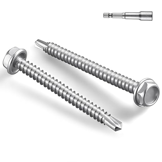 #10 x 1-1/2 Inch Self Drilling Screws, 184pcs 2 lbs Self Tapping Screws for Metal, 410 Stainless Steel Hex Washer Head Sheet Metal Screw
