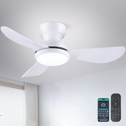 36 Inch Ceiling Fans with Lights, Small Flush Mount Ceiling Fan, Remote/APP Control, 3 Reversible Curved Blades, 6 Speeds, 3 CCT Dimmable Lights for Bedroom, White
