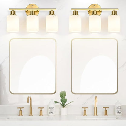 3-Light Bathroom Light Fixtures, Brushed Gold Vanity Light, Farmhouse Wall Lights with Milky White Frosted Glass Shades, Bathroom Wall Lamp for Mirror Kitchen Bedroom Hallway Living Room