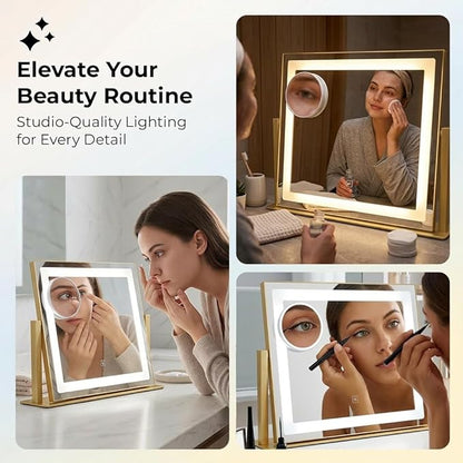 Vanity Mirror with Lights, 12" x 16" Lighted Makeup Mirror with Smart Touch Control, LED Makeup Mirror with 3 Color Lighting Modes, 360° Rotation, 10X Magnification for Tabletop - Gold