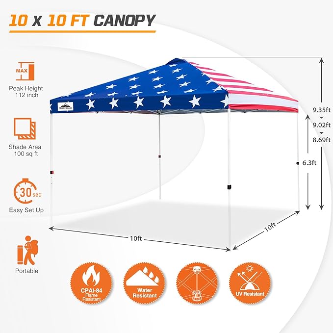 EAGLE PEAK Pop Up Canopy Tent with Wheeled Carry Bag, 8 Stakes, 4 Ropes, 4 Weight Bags, Easy Set Up Tent Canopy, 10x10 ft, 100sqft of Shade, American Flag