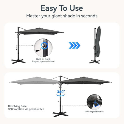 GREEN PARTY 10x10 ft Cantilever Patio Umbrella with Base, Rectangle Offset Outdoor Umbrellas with 360° Rotation, 5-Year-Non-Fading Hanging Pool Umbrella for Garden Deck Poolside - Grey