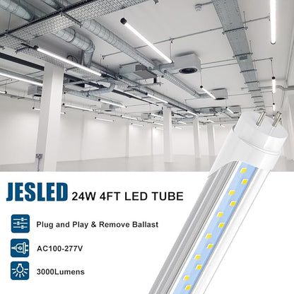 JESLED 4FT T8 LED Type A+B Tube Light Bulbs, 24W 5000K 3200LM, Plug and Play or Ballast Bypass, 4 Foot T12 LED Replacement for Flourescent Tubes, Dual-end Power, Clear, Warehouse Shop Lights (12-Pack)