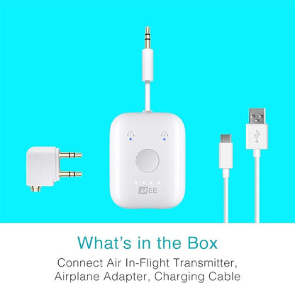 MEE Audio Connect Air in-Flight Bluetooth Wireless Audio Transmitter, with Extra Dual 3.5mm Jack AUX Adapter, for up to 2 AirPods/Other Headphones; Works with All 3.5mm Aux Jacks, White