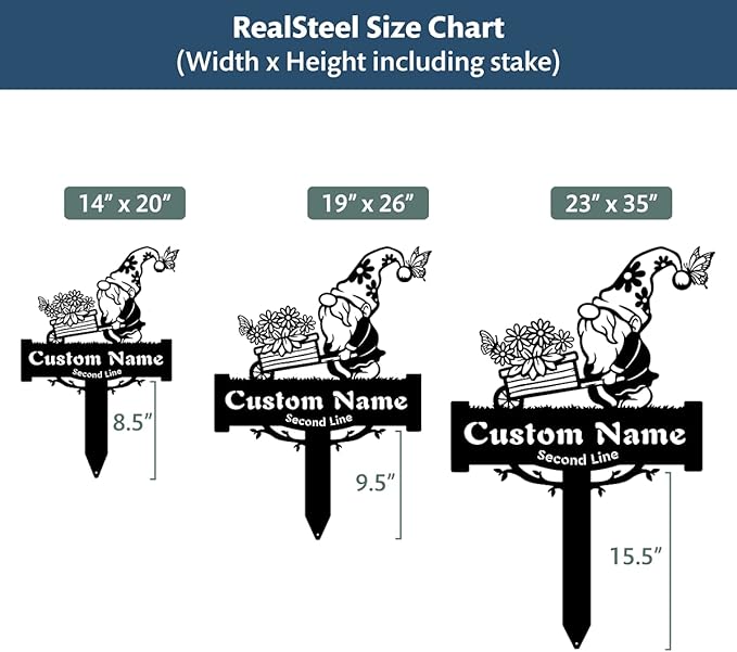 RealSteel Garden Gnome Monogram Yard Sign - Customizable Metal Sign with Gnome & Wheelbarrow Design - Personalized Name & Text (Penny Vein, 23" x 35")