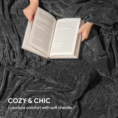 RECYCO Throw Blanket Soft Cozy Chenille Throw Blanket with Fringe Tassel for Couch Sofa Chair Bed Living Room Gift (Dark Gray, 50" x 60") - color: Dark Gray, size: 50'' X 60''