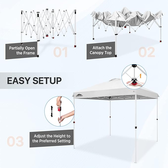 EAGLE PEAK Pop Up Canopy Tent with Wheeled Carry Bag, 8 Stakes, 4 Ropes, Easy Set Up Tent Canopy, 8x8 ft White
