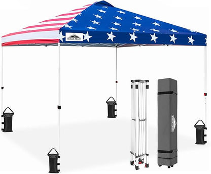 EAGLE PEAK Pop Up Canopy Tent with Wheeled Carry Bag, 8 Stakes, 4 Ropes, 4 Weight Bags, Easy Set Up Tent Canopy, 10x10 ft, 100sqft of Shade, American Flag