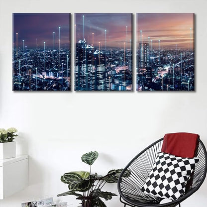 TUMOVO Modern City with Wireless Network Connection Wall Art Canvas Print 3 Pieces CPU Concept Artwork Wall Decor for Bedroom Technology Science Paintings Wall Art Framed Ready to Hang (36" Wx16 H)