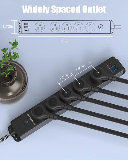 Surge Protector Power Strip with USB C Ports, 10FT Braided Extension Cord, 5 Outlets and 3 USB Ports(1 USB C), AUOPLUS Mountable Power Strips Flat Plug with Overload Protection
