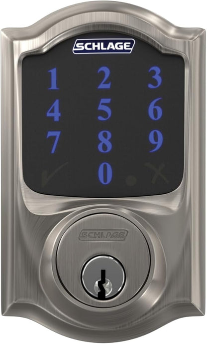 Schlage Connect Smart Deadbolt Lock with Touchscreen Keypad, Keyless Front Door Entry, Z-Wave Plus Compatible, Satin Nickel, BE469ZP CAM 619