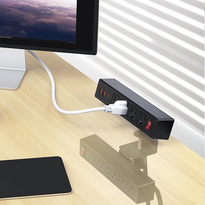 Desk Clamp Power Strip with PD20W USB-C, 2 in 1 Dual Layer Under Desk Power Strip, Removable Clamp Power Socket with 10AC Outlets & Switch, 10ft Extension Cord(ETL Listed)