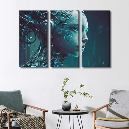Binary Code Wall Art 3 Panel Artificial Intelligence Pictures Female Robot Wall Art Modern Artwork Home Wall Decor for Living Room Framed Gallery-Wrapped Ready to Hang, 42" Wx28 H