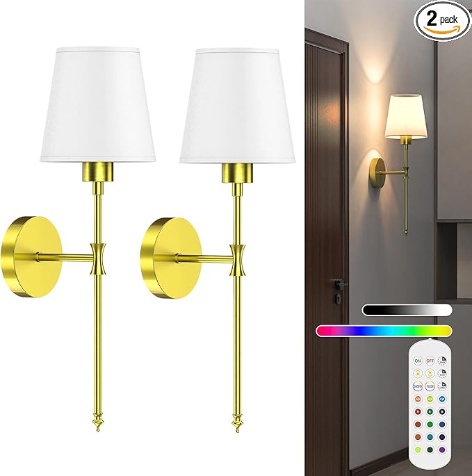 Battery Operated Wall Sconce Set of 2 Rechargeable Wireless Wall Sconces Wall Lamps with Dimmable and Remote, 12 Colors Wall Lights with RGB Bulb for Bedroom Living Room Hallway Decor(Golden)