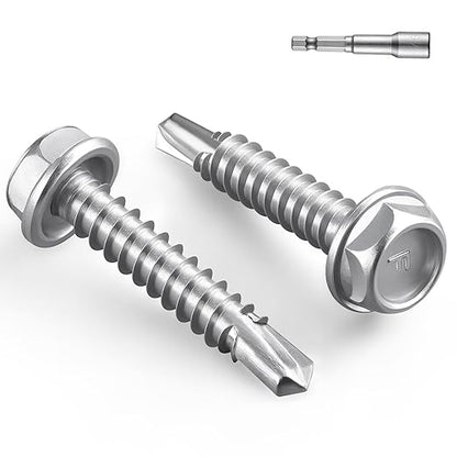 #10 x 1-1/4 Inch Self Drilling Screws, 96pcs 1 lbs Self Tapping Screws for Metal, 410 Stainless Steel Hex Washer Head Sheet Metal Screw