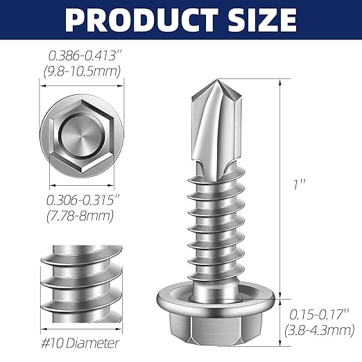 MewuDecor #10 x 1 (1/4" to 3" Available) Hex Washer Head Self Drilling Sheet Metal Screws with Drill Point, Stainless Steel 410, 100 PCS