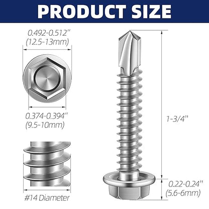 MewuDecor #14 x 1-3/4" (3/4" to 3" Available) Hex Washer Head Self Drilling Sheet Metal Screws with Drill Point, Stainless Steel 410, 50 PCS