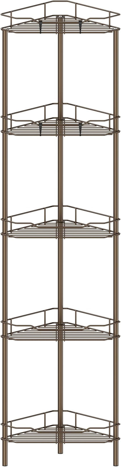 HuggieGems 5 Tier Floor Standing Corner Shower Caddy Organizer Shelf with Hooks, Bathroom Shelves Stand Rack, Bronze