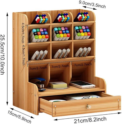 Marbrasse Wooden Desk Organizer, Multi-Functional DIY Pen Holder, Organizer for desk, Desktop Stationary, Easy Assembly, Home Office Art Supplies Storage with Drawer (B11-Cherry Color)