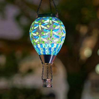Starsoul Mosaic Dragonfly Hot Air Balloon Solar Lantern Glass Outdoor Hanging Hot Air Balloon Solar Flickering Flame Light Waterproof Garden Patio Yard Party Decorations
