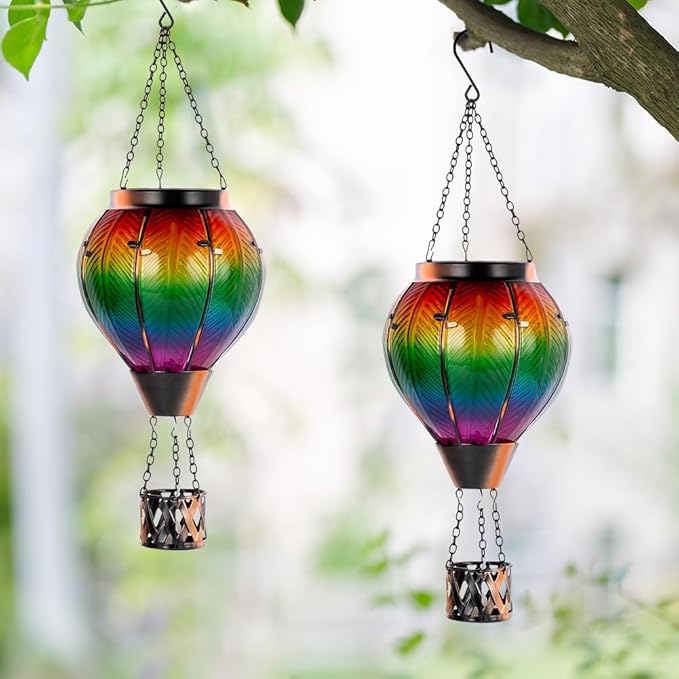 Starsoul 2PCS Hot Air Balloon Solar Lantern Colorful Solar Hot Air Balloon Lantern with Flame Light Waterproof Hanging Outdoor Lantern with Candle Holder for Patio Garden Yard Farmhouse Decor